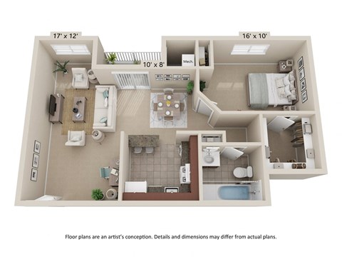 Floor plan for 1 bed, 1 bath, 737 sqft